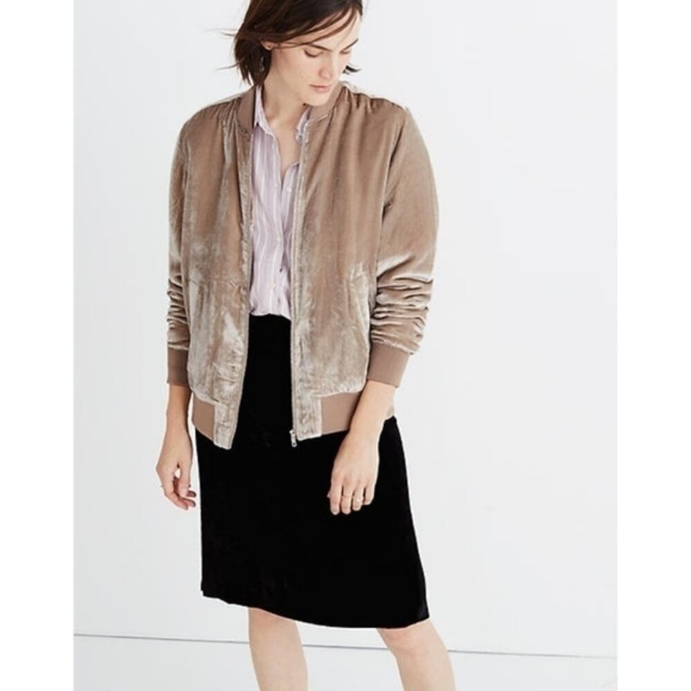 Madewell Velvet Bomber Jacket Womens Small Tan Zip Casual